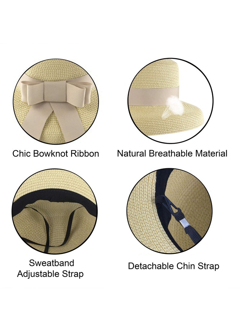 Y&D Womens Summer Classical Bowknot Sun Hats Travel Foldable Brim Bucket Hat Vintage Cloche Beach Fishing Cap Straw with Wind Lanyard Floppy Hats for Women UV Protection. - Image 5