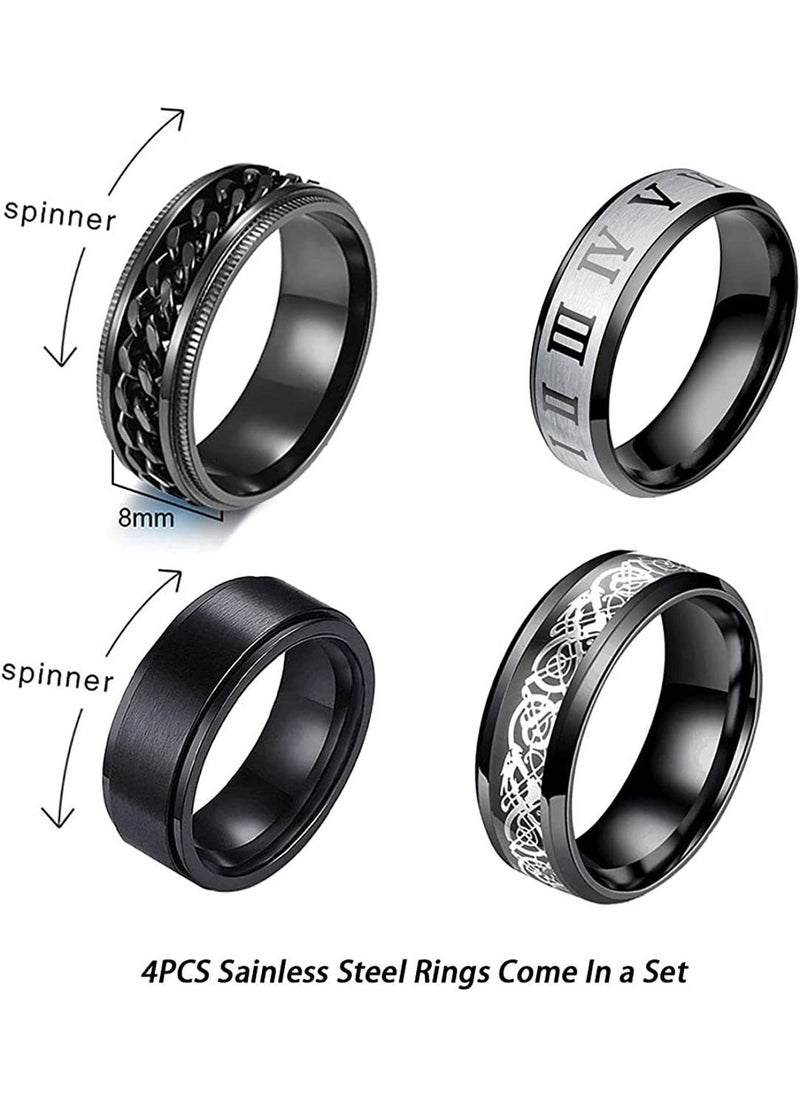 Generic - Retro Rings, 4Pcs Plain Band Rings for Men Stainless Steel Rings for Men Wedding Ring Cool Spinner Rings for Men Black Stainless Steel Ring Set Anxiety Ring 8MM Width - Image 1