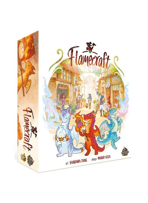 Flamecraft Board Game ; Strategy Game ; Dragon Game ; Fantasy Game ; Fun Family Game For Kids And Adults ; Ages 10+ ; 15 Players ; Average Playtime 60 Minutes ; Made By Lucky Duck Games