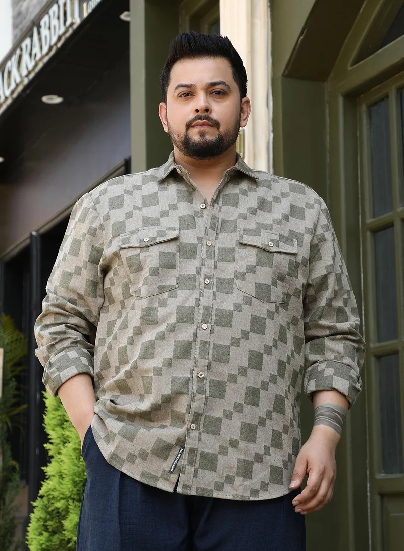 Instafab Plus Men's Sage Green Cubic Utility Shirt For Casual Wear | Spread Collar | Long Regular Sleeves | Button Closure | Plus Size Shirt Crafted With Comfort Fit For Everyday Wear