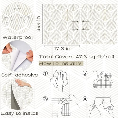 OSECAGE Modern Peel and Stick Wallpaper 17.3''×393'' Self Adhesive Wallpaper Boho Contact Paper Beige and White Geometric Wall Paper Removable Decorative Wallpapers for Bedroom Bathroom Cabinets Decor Vinyl - Image 3
