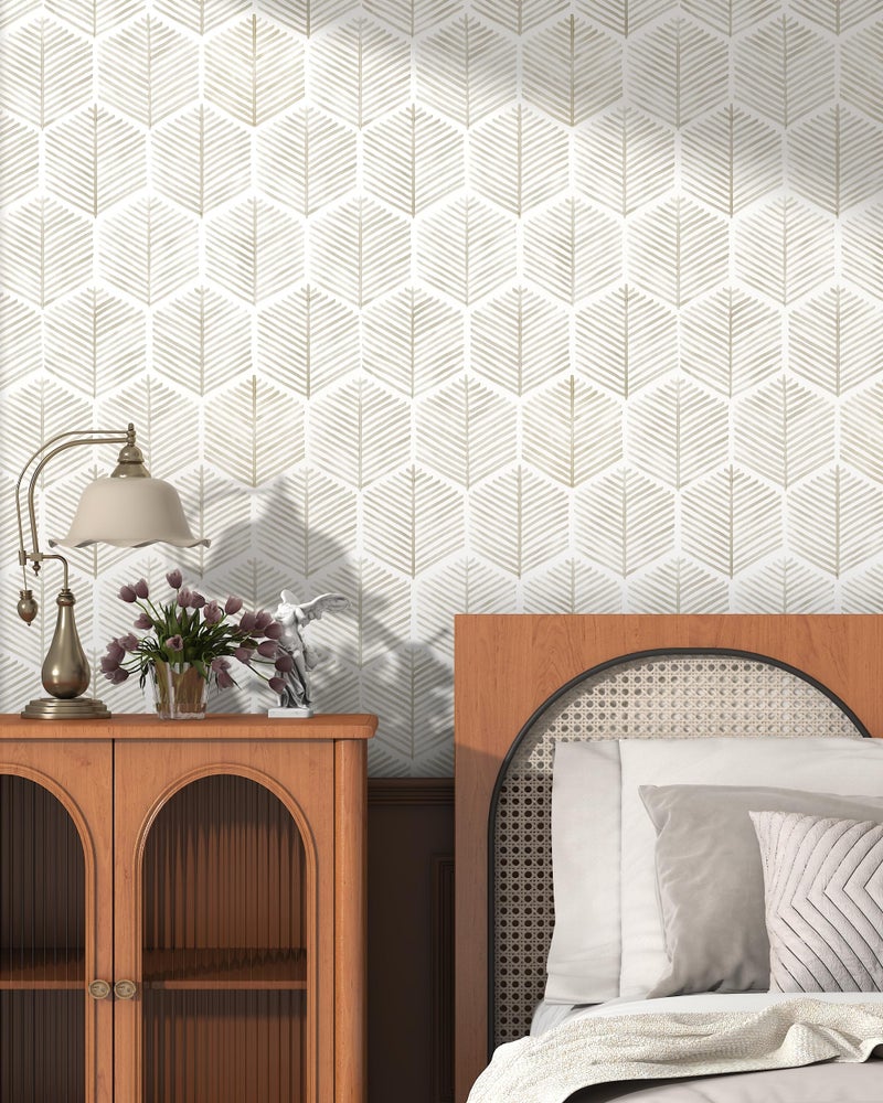 OSECAGE Modern Peel and Stick Wallpaper 17.3''×393'' Self Adhesive Wallpaper Boho Contact Paper Beige and White Geometric Wall Paper Removable Decorative Wallpapers for Bedroom Bathroom Cabinets Decor Vinyl - Image 4
