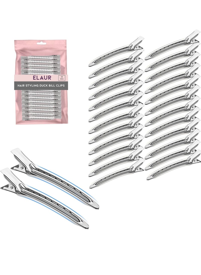 إيلور مجموعة مشابك شعر على شكل منقار البط (24 قطعة) – مشابك تمساح معدنية مقاومة للصدأ بطول 3.5 بوصة مع فتحات لتصفيف وتقسيم الشعر – للاستخدام في الصالون والمنزل (فضي) - Image 1