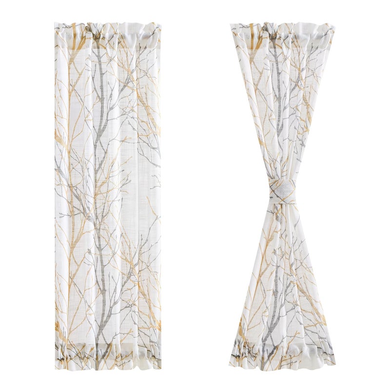 FMFUNCTEX Sidelight French Door Panels 72 Inches Long White SemiSheers Yellow and Grey Tree Branch Print Curtains for Glass Doors Tieback Included 2 Panels