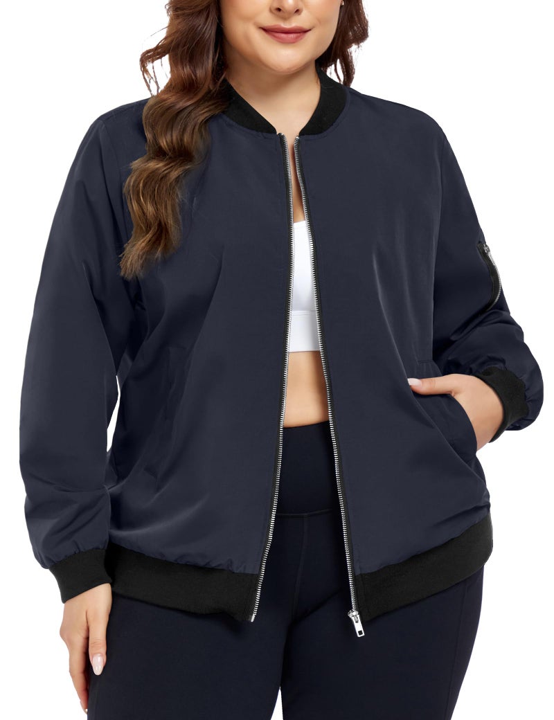 FOREYOND Plus Size Cropped Jacket Women Zip Up Lightweight Coat Casual Cropped Windbreaker Outwear with Pockets Navy Blue 5XL