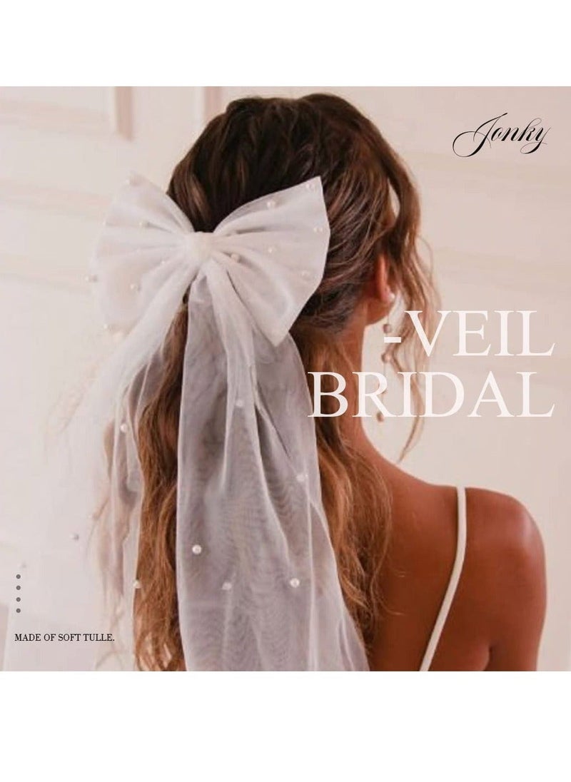 Generic - Bow-Knot Tulle Veil Hair Clip - Elegant Pearl-Embellished White Bridal Short Veils for Wedding, Bachelorette Party, and Special Occasions - Image 1