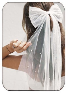 Bow-Knot Tulle Veil Hair Clip - Elegant Pearl-Embellished White Bridal Short Veils for Wedding, Bachelorette Party, and Special Occasions