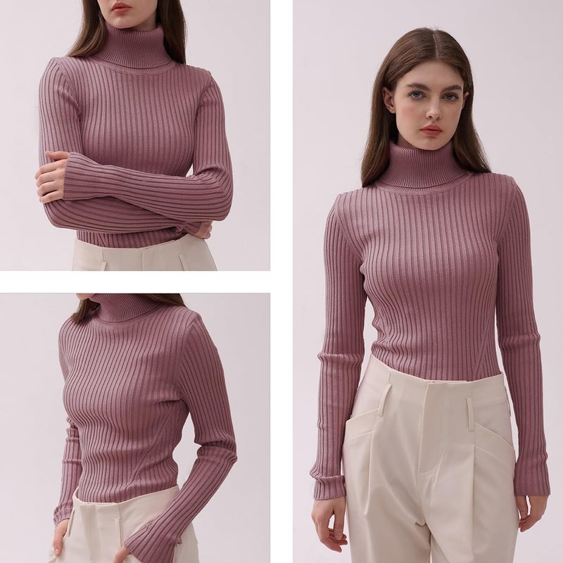 v28 Women Stretchable Turtleneck Knit Long Sleeve Slim Fit Sweater (Large, Berry) - Image 5
