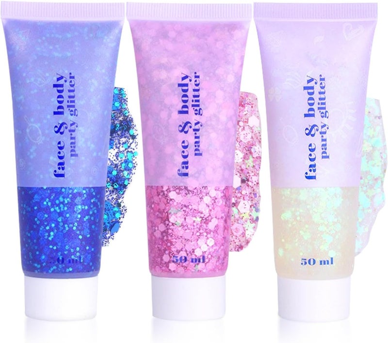 3 Pcs Face Glitter 50ml Hair Glitter Gel Sequins Shimmer Liquid Eyeshadow Mermaid Sequins Festival Glitter for Face Body Eye Hair Festival Party Makeup Decoration