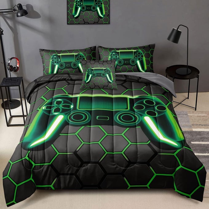5 PIECE GAMER COMFORTER SETS BED IN A BAG FOR BOYS TEEN KIDSHONEYCOMB GAMING BEDDING SETS GAMEPAD COMFORTER MICROFIBER BED SET FOR ALL SEASON GAMER HOME DECORGREEN 5 PIECE SETS30021TWIN