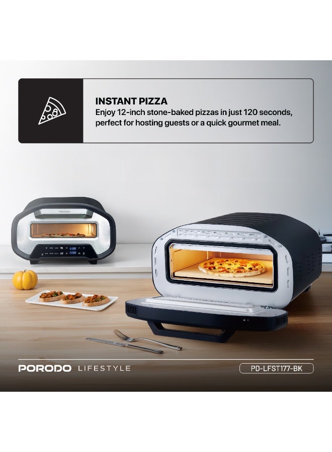 بورودو صانعة بيتزا كهربائية داخلية 12 بوصة، 2200 واط مع 7 إعدادات مسبقة ومؤقت قابل للتعديل / حجر بيتزا 12 بوصة / فرن بيتزا سريع الطهي مع شاشة LED / صانعة بيتزا منزلية لبيتزا سريعة ومقرمشة ومطهوة بالتساوي - أسود - Image 4