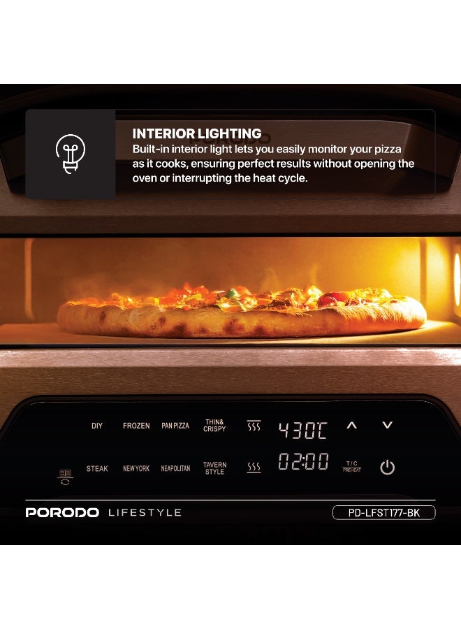 بورودو صانعة بيتزا كهربائية داخلية 12 بوصة، 2200 واط مع 7 إعدادات مسبقة ومؤقت قابل للتعديل / حجر بيتزا 12 بوصة / فرن بيتزا سريع الطهي مع شاشة LED / صانعة بيتزا منزلية لبيتزا سريعة ومقرمشة ومطهوة بالتساوي - أسود - Image 5