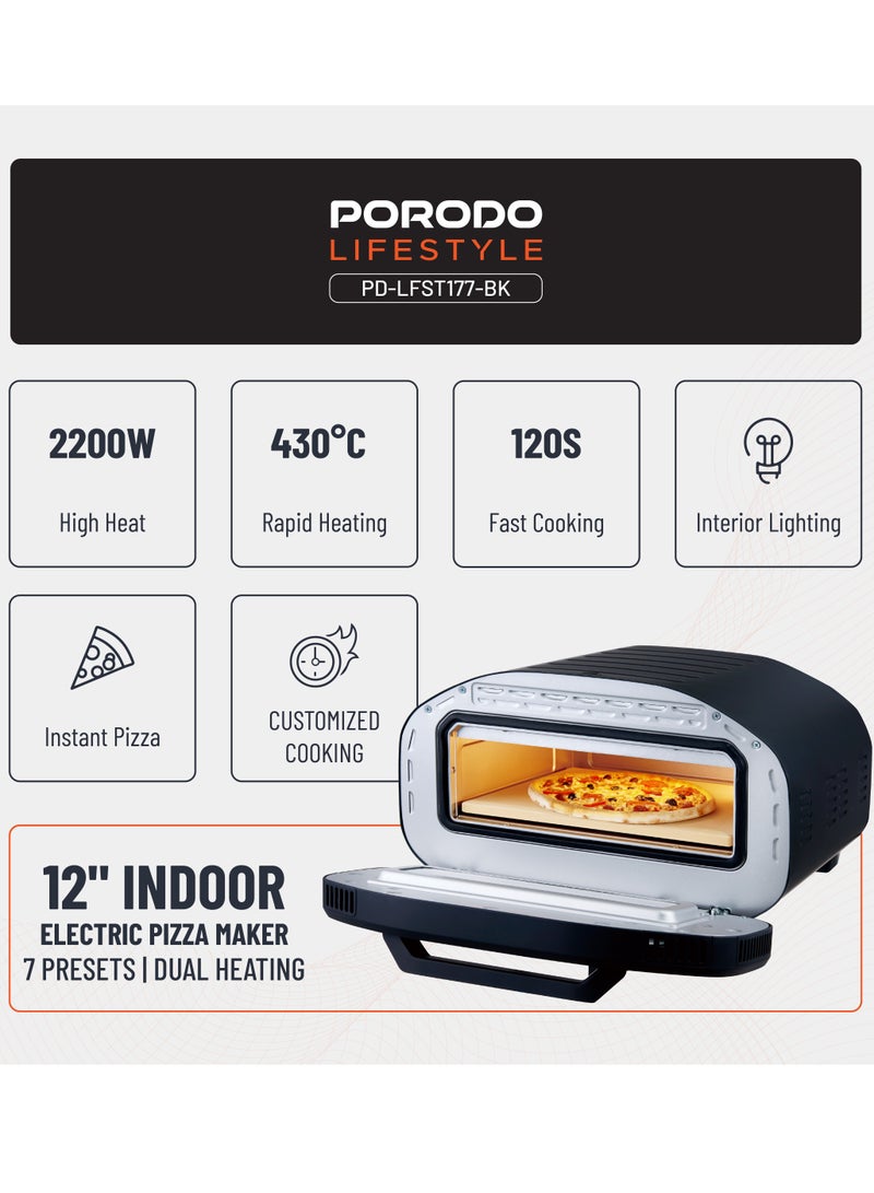 بورودو صانعة بيتزا كهربائية داخلية 12 بوصة، 2200 واط مع 7 إعدادات مسبقة ومؤقت قابل للتعديل / حجر بيتزا 12 بوصة / فرن بيتزا سريع الطهي مع شاشة LED / صانعة بيتزا منزلية لبيتزا سريعة ومقرمشة ومطهوة بالتساوي - أسود - Image 2