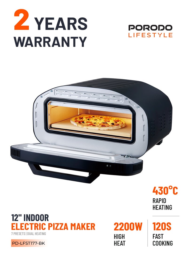 بورودو صانعة بيتزا كهربائية داخلية 12 بوصة، 2200 واط مع 7 إعدادات مسبقة ومؤقت قابل للتعديل / حجر بيتزا 12 بوصة / فرن بيتزا سريع الطهي مع شاشة LED / صانعة بيتزا منزلية لبيتزا سريعة ومقرمشة ومطهوة بالتساوي - أسود - Image 1