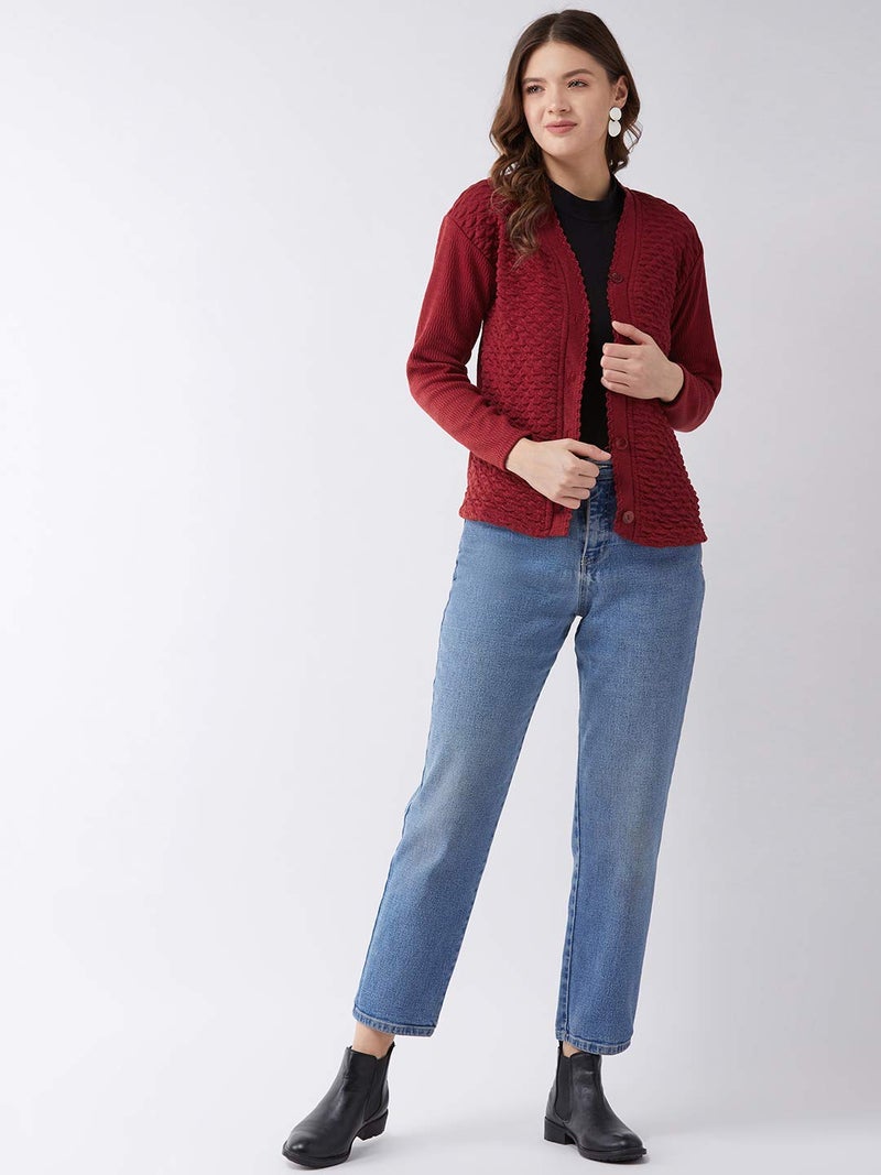 Pivl Self Design V Neck Casual Women Sweater/Cardigan for Winter (Medium, Maroon) - Image 2