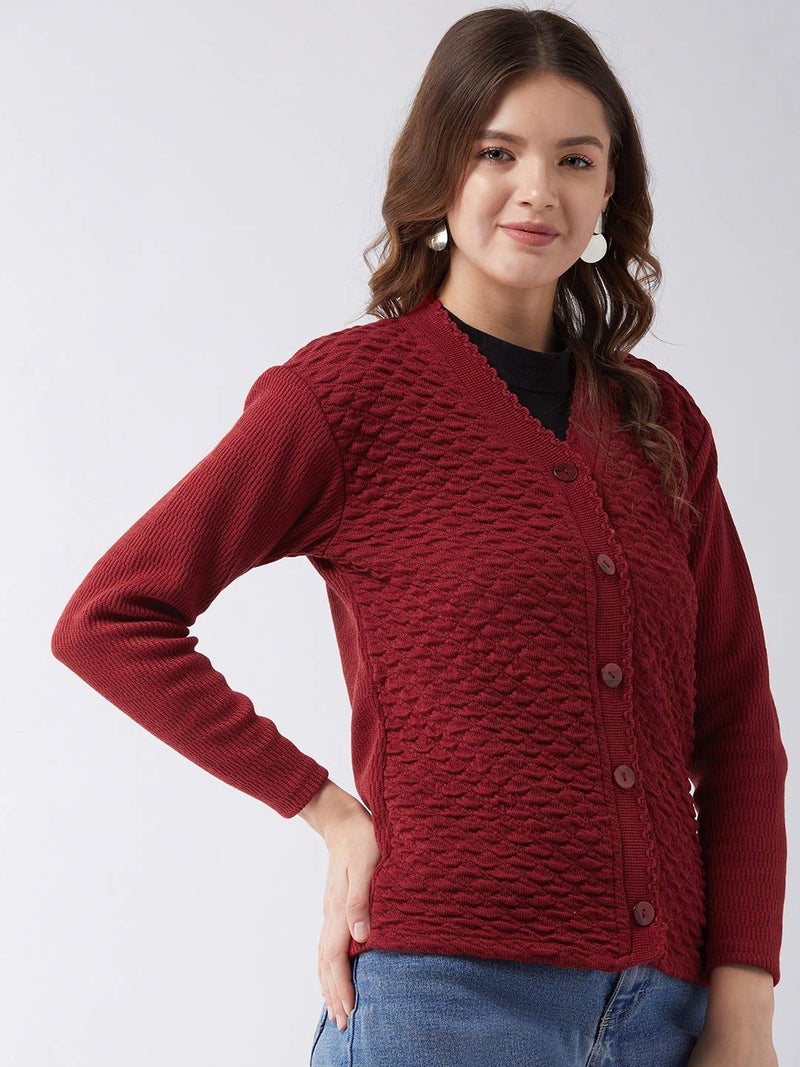 Pivl Self Design V Neck Casual Women Sweater/Cardigan for Winter (Medium, Maroon) - Image 4