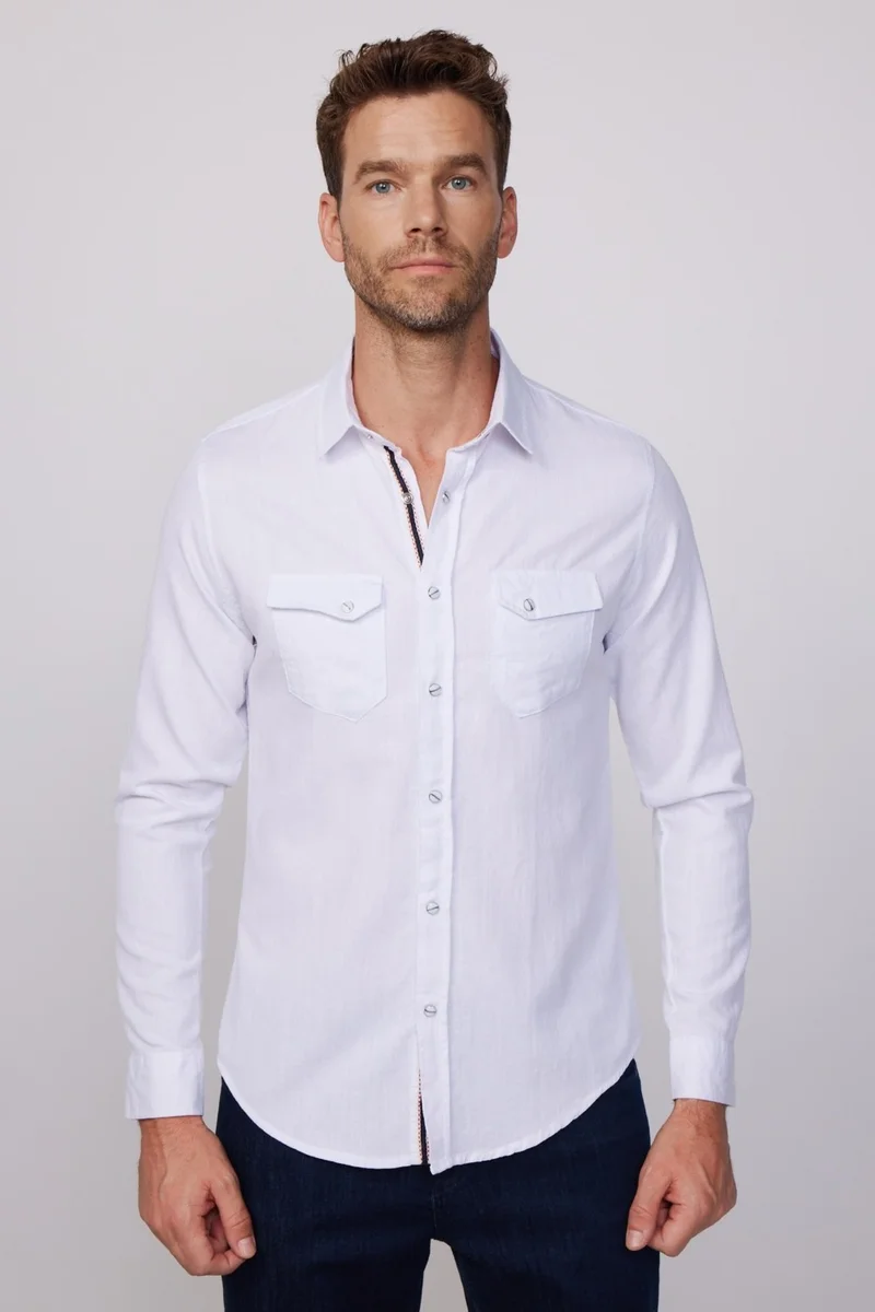 Tudors Slim Fit Double Pocket Flap Snap Fastener Piping Cotton Linen White Men's Shirt
