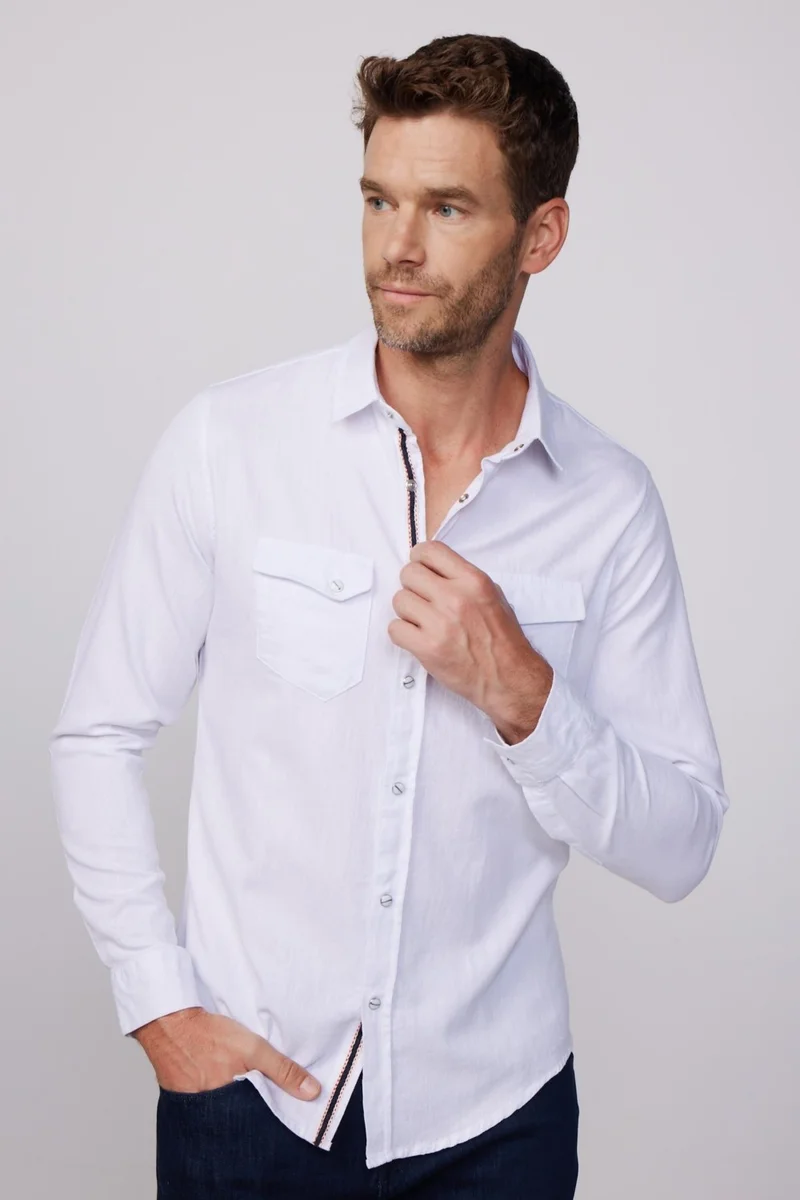 Tudors Slim Fit Double Pocket Flap Snap Fastener Piping Cotton Linen White Men's Shirt