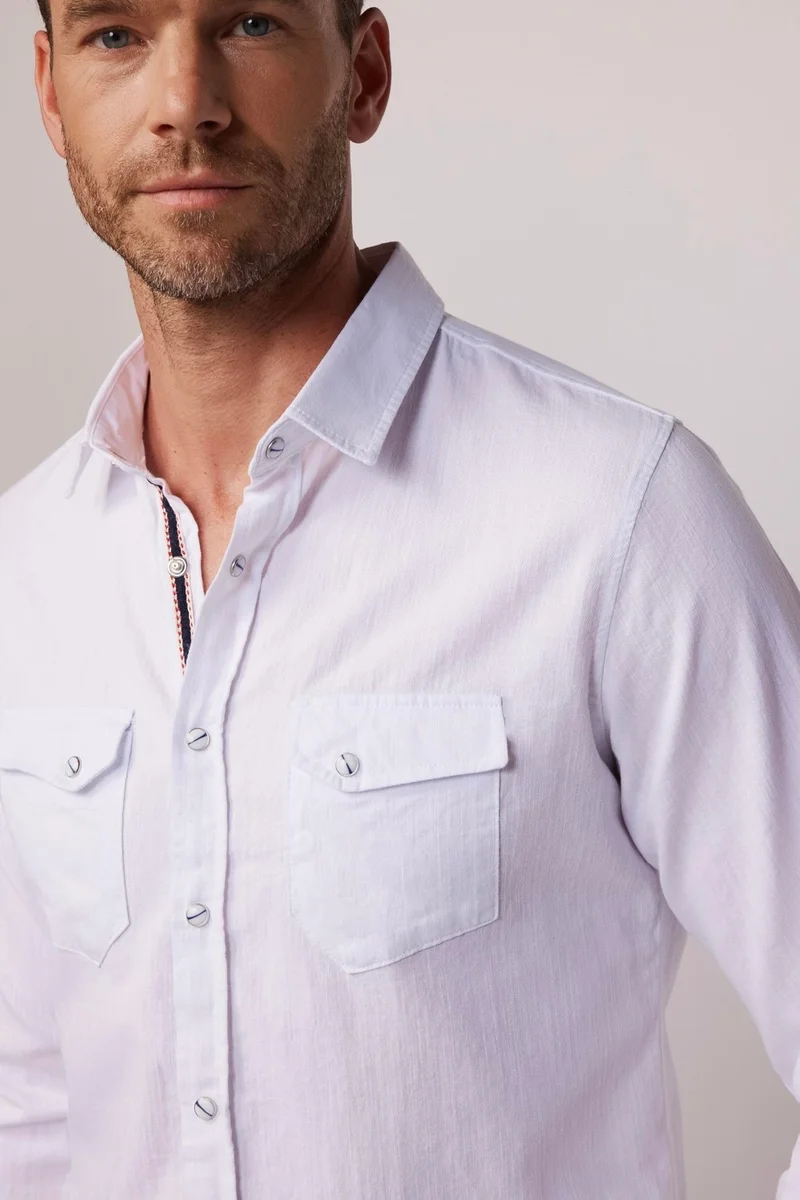 Tudors Slim Fit Double Pocket Flap Snap Fastener Piping Cotton Linen White Men's Shirt