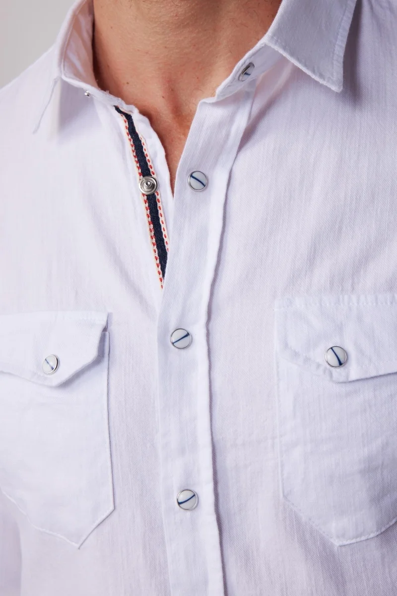 Tudors Slim Fit Double Pocket Flap Snap Fastener Piping Cotton Linen White Men's Shirt