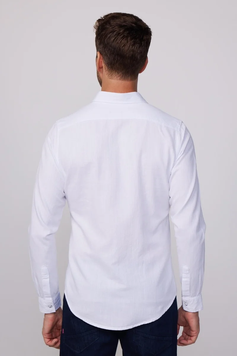 Tudors Slim Fit Double Pocket Flap Snap Fastener Piping Cotton Linen White Men's Shirt