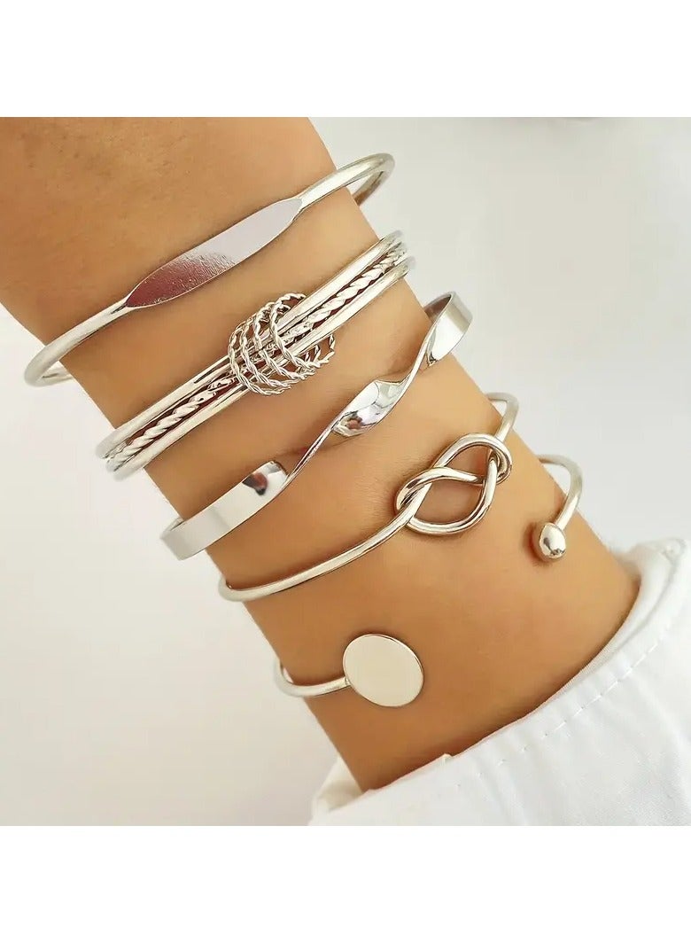 Goolsky مجموعة 5 قطع من الأطباق المستديرة المنسوجة الرائعة مجموعة أساور فضية عصرية مفتوحة - Image 1