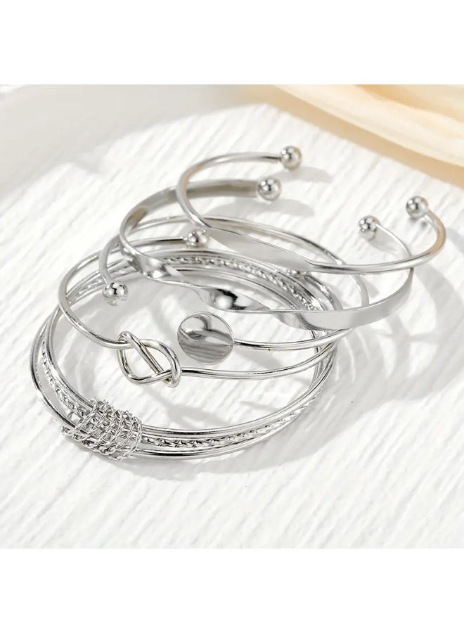 Goolsky مجموعة 5 قطع من الأطباق المستديرة المنسوجة الرائعة مجموعة أساور فضية عصرية مفتوحة - Image 3