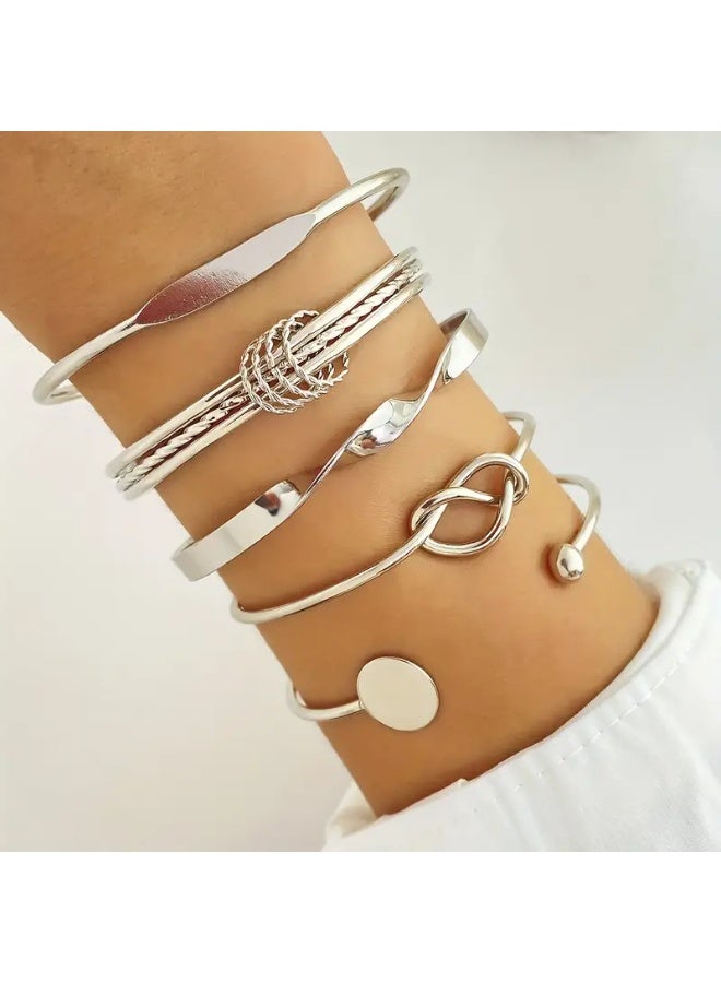 Goolsky مجموعة 5 قطع من الأطباق المستديرة المنسوجة الرائعة مجموعة أساور فضية عصرية مفتوحة - Image 5