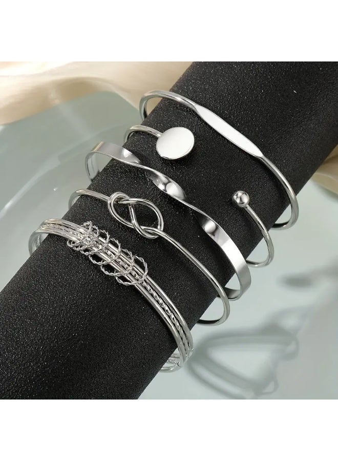 Goolsky مجموعة 5 قطع من الأطباق المستديرة المنسوجة الرائعة مجموعة أساور فضية عصرية مفتوحة - Image 2