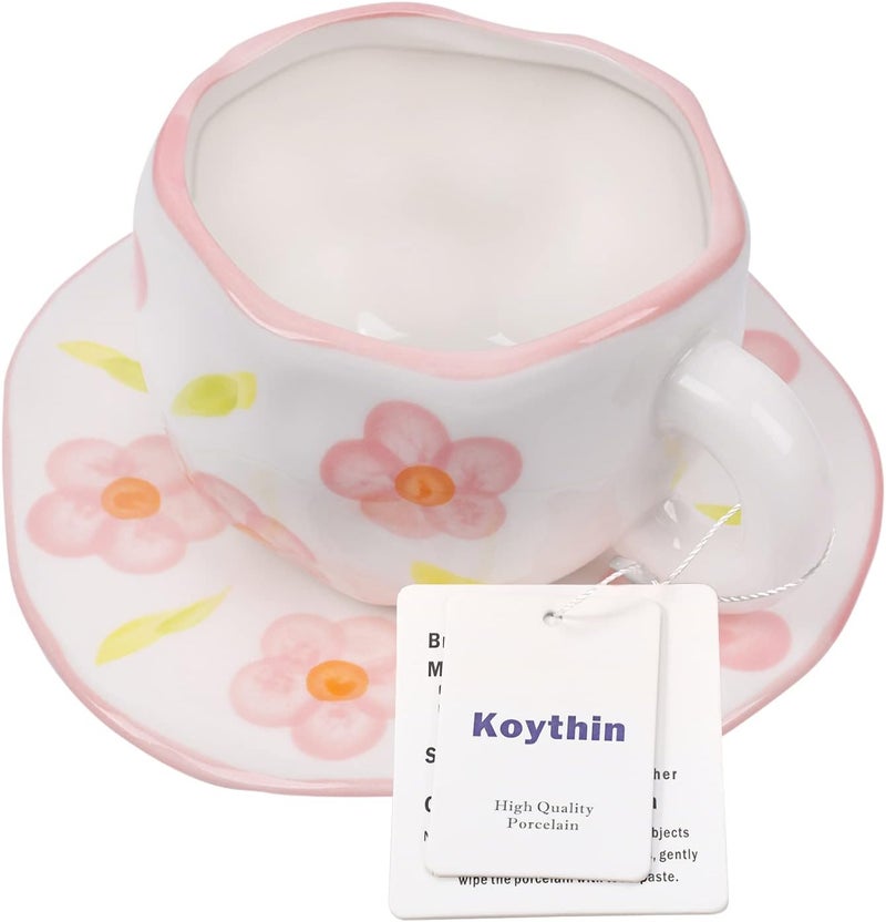 Koythin Ceramic Coffee Mug, Cute Pink Flowers Cup with Saucer for Office and Home, Dishwasher and Microwave Safe, 10 oz/300 ml for Latte Tea Milk (Pink Flowers) - Image 3