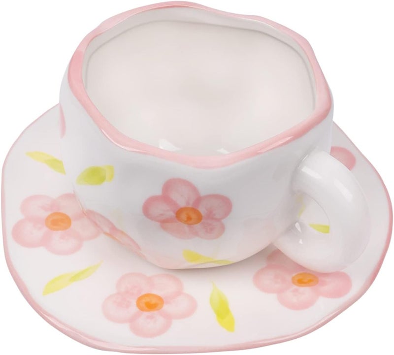 Koythin Ceramic Coffee Mug, Cute Pink Flowers Cup with Saucer for Office and Home, Dishwasher and Microwave Safe, 10 oz/300 ml for Latte Tea Milk (Pink Flowers) - Image 1