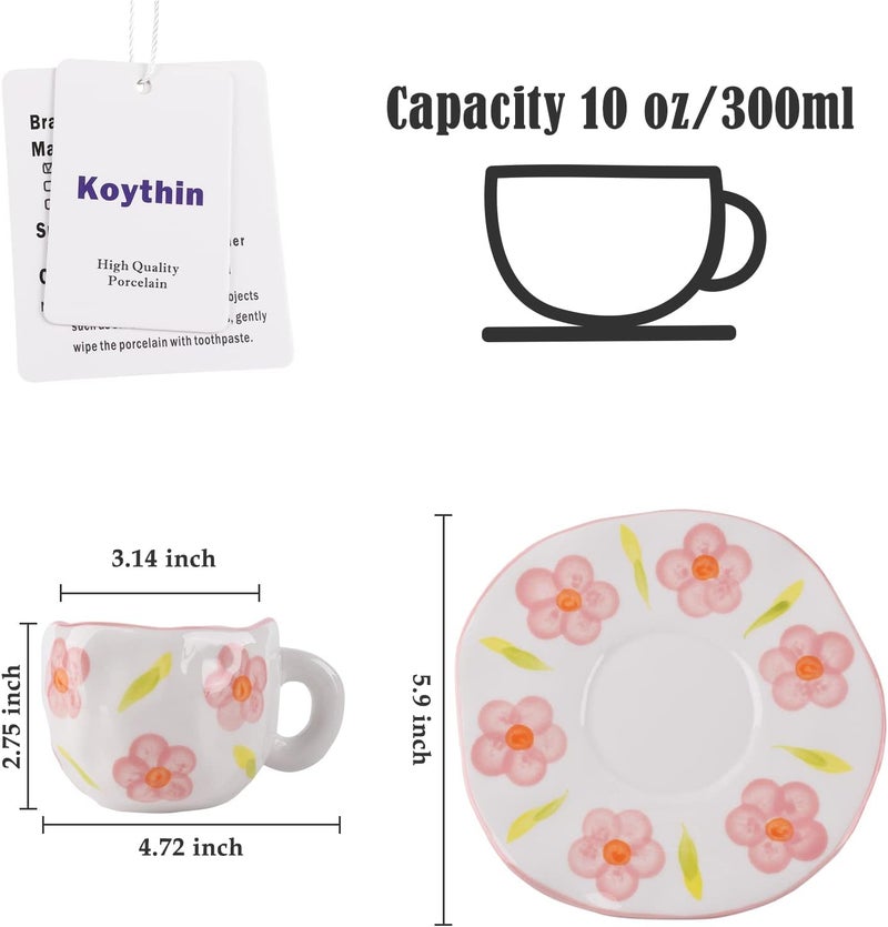 Koythin Ceramic Coffee Mug, Cute Pink Flowers Cup with Saucer for Office and Home, Dishwasher and Microwave Safe, 10 oz/300 ml for Latte Tea Milk (Pink Flowers) - Image 2