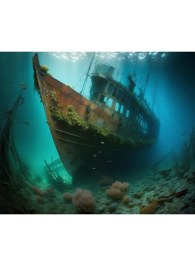 CaterRina Underwater Shipwreck Aquarium Background Ocean Bottom Abandoned Ship Wreck Fish Tank Background Undersea Rusty Sunken Ship Terrarium Backgrounds Sunken Pirate Ship Reptile Tank Backgrounds 30x18in - Image 1