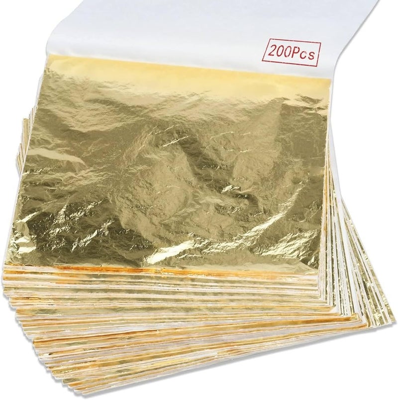 A.K GOLD LEAF AK GOLD LEAF 200Pcs Gold Foil Sheets for Gilding Crafting Art DIY Projects Picture Frames Home Walls Interior and Multi Artistic Decoration Imitation Gold Foil Sheets - Image 1