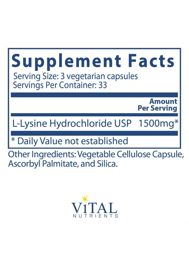 Vital Nutrients Lysine Supports Immune Function And Normal Arginine Levels Supports Calcium Absorption 100 Vegetarian Capsules Per Bottle 500 Mg - Image 3