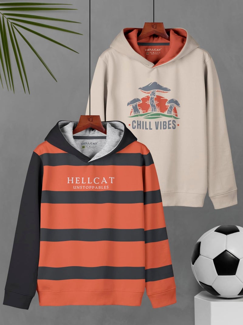 HELLCAT Printed Cotton Blend Hoodie Sweatshirt for Boys - Pack of 2 Orange/Beige 7-8 Years - Image 2