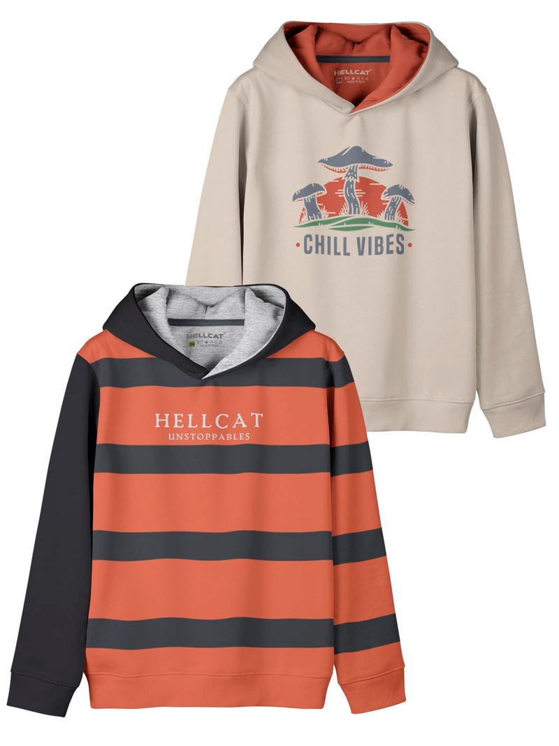 HELLCAT Printed Cotton Blend Hoodie Sweatshirt for Boys - Pack of 2 Orange/Beige 7-8 Years - Image 1