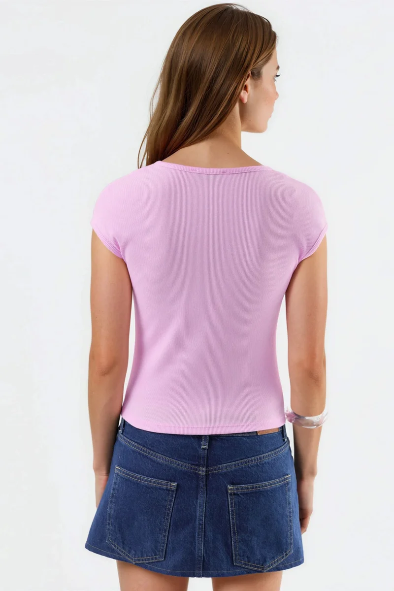 Busem Powder Pink BUSEM V-Neck Ribbed Blouse for Women | Best Price UAE