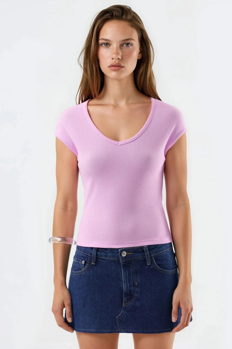 Busem Powder Pink BUSEM V-Neck Ribbed Blouse for Women | Best Price UAE