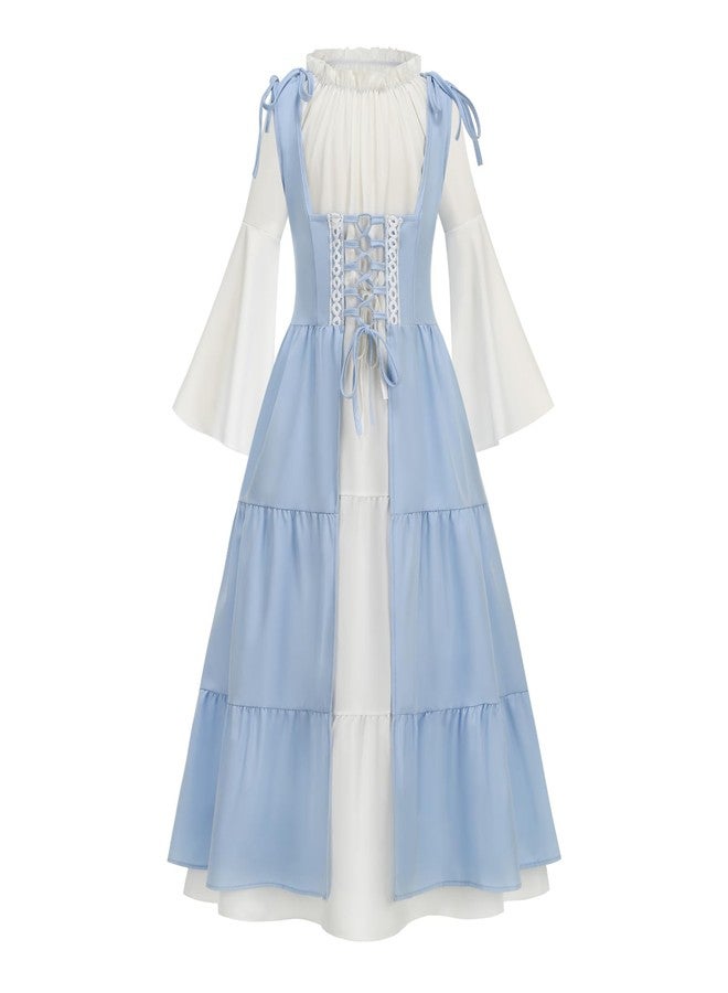 GRAJTCIN Girls Medieval Dress Renaissance Royalty Princess Outfit for Kids Long Sleeve Halloween Costume Set (Prairie Blue,10-12Y) - Image 1