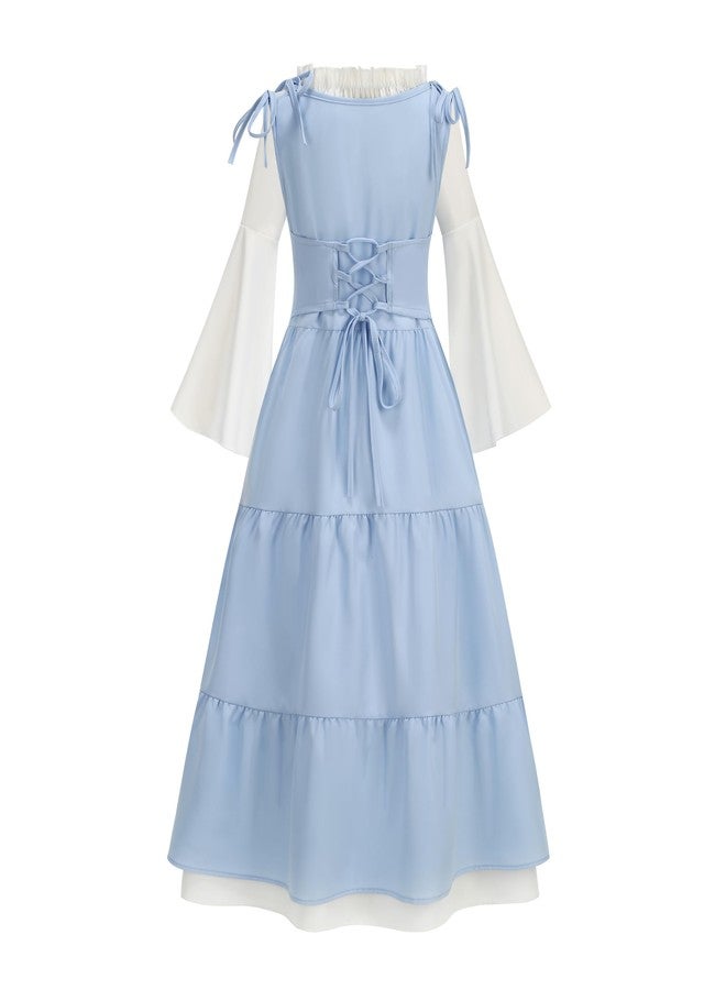 GRAJTCIN Girls Medieval Dress Renaissance Royalty Princess Outfit for Kids Long Sleeve Halloween Costume Set (Prairie Blue,10-12Y) - Image 2