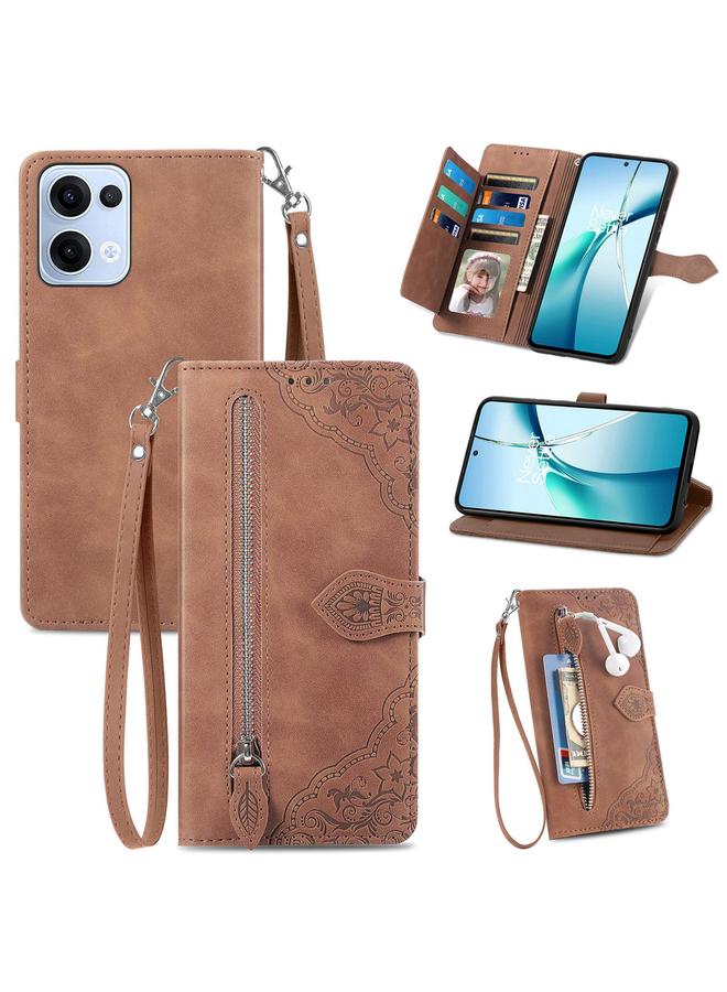 اس-توب جراب هاتف OPPO Reno13 من الجلد بسحاب منقوش عليه زهور - Image 1