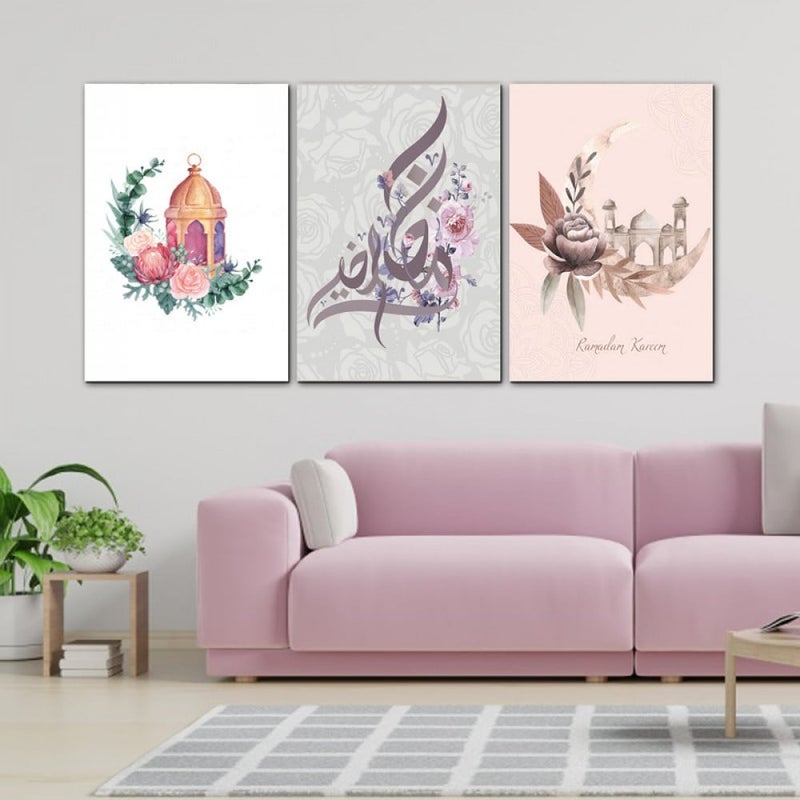 ماركتنا ثلاث لوحات قماشية لشهر رمضان المبارك مع برواز مجوف مقاس (150×70) ثلاث قطع - Image 1