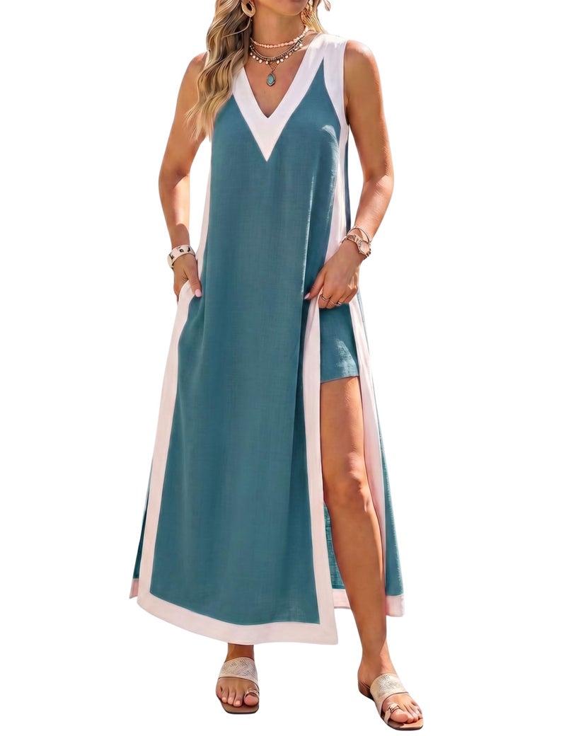 Hooever Women's 2 Piece Dress Sets Color Block Sleeveless V Neck Maxi Dress Matching Shorts with Pockets (Teal-M) - Image 1