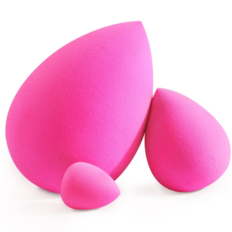 BEAKEY Large Mini and Standard Makeup Sponges Trio Set with Soft and Bouncy Touch Beauty Sponges Blender in Rose Pink for Powder Cream and Liquid Blending