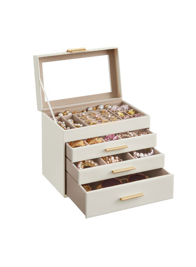 SONGMICS Jewellery Box with Glass Lid, 4-Tier Jewellery Organiser, 3 Drawers, for Sunglasses, Big Jewellery, Jewellery Storage, Modern Style, Cloud White and Gold Colour - Image 1