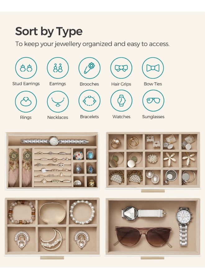 SONGMICS Jewellery Box with Glass Lid, 4-Tier Jewellery Organiser, 3 Drawers, for Sunglasses, Big Jewellery, Jewellery Storage, Modern Style, Cloud White and Gold Colour - Image 3