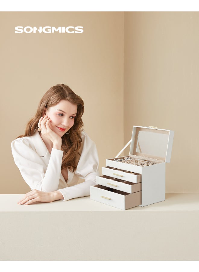 SONGMICS Jewellery Box with Glass Lid, 4-Tier Jewellery Organiser, 3 Drawers, for Sunglasses, Big Jewellery, Jewellery Storage, Modern Style, Cloud White and Gold Colour - Image 2