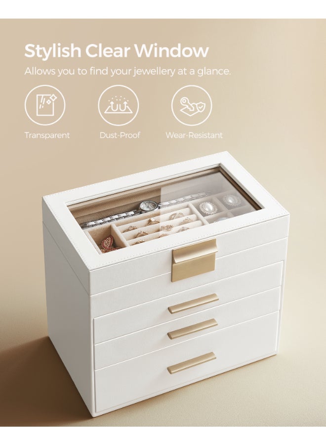 SONGMICS Jewellery Box with Glass Lid, 4-Tier Jewellery Organiser, 3 Drawers, for Sunglasses, Big Jewellery, Jewellery Storage, Modern Style, Cloud White and Gold Colour - Image 5