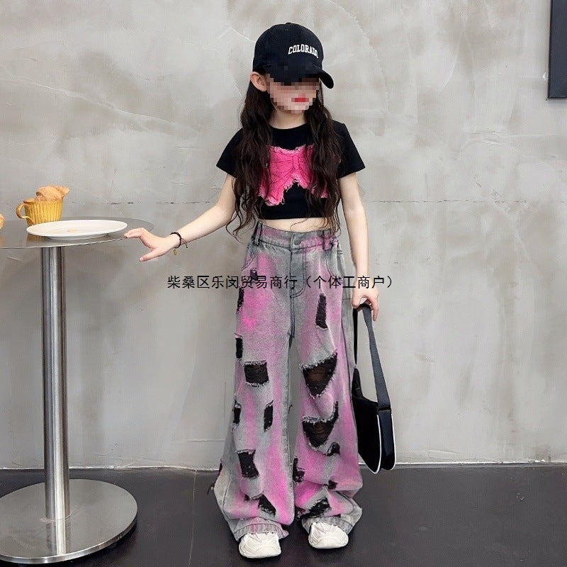 New Girls' American-Style Ripped Jeans Summer Thin New Western-Style Street-Fried Pants Straight-Leg Wide-Leg Pants - Image 2